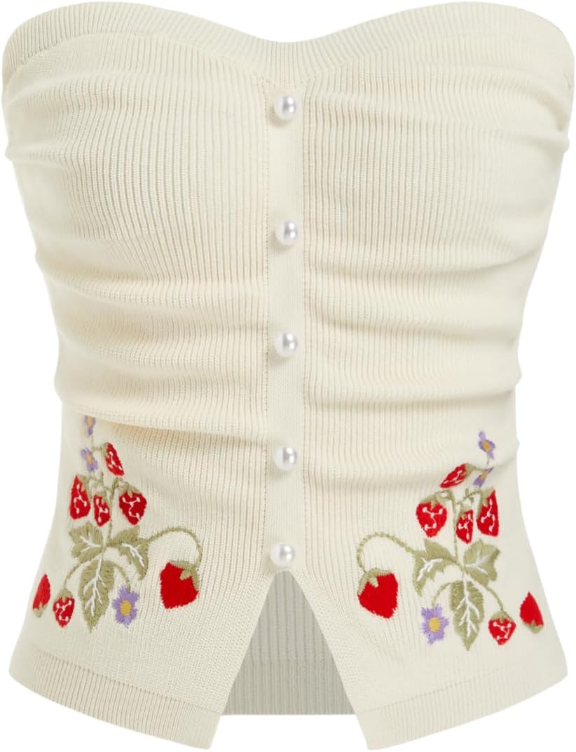 Faux Pearl Tube Tops for Women Crop Knit Split Hem Ruched Going Out Tops Cute Summer Outfits Y2K