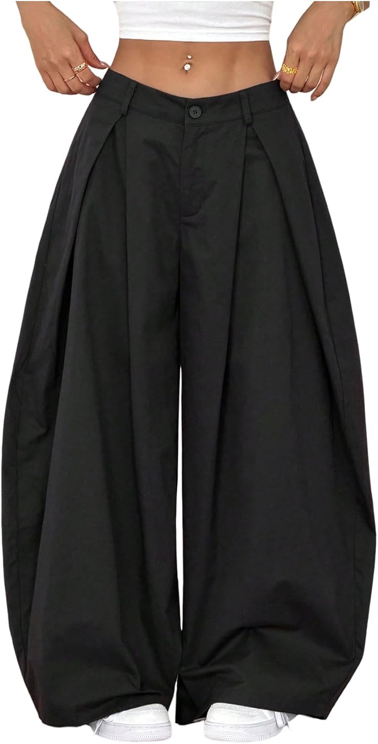 Women's Barrel Pleated Oversized Wide Leg Cargo Pants | Low Rise Baggy Fit, Business Casual Outfits, Spring Fall, Drop Waist Trousers
