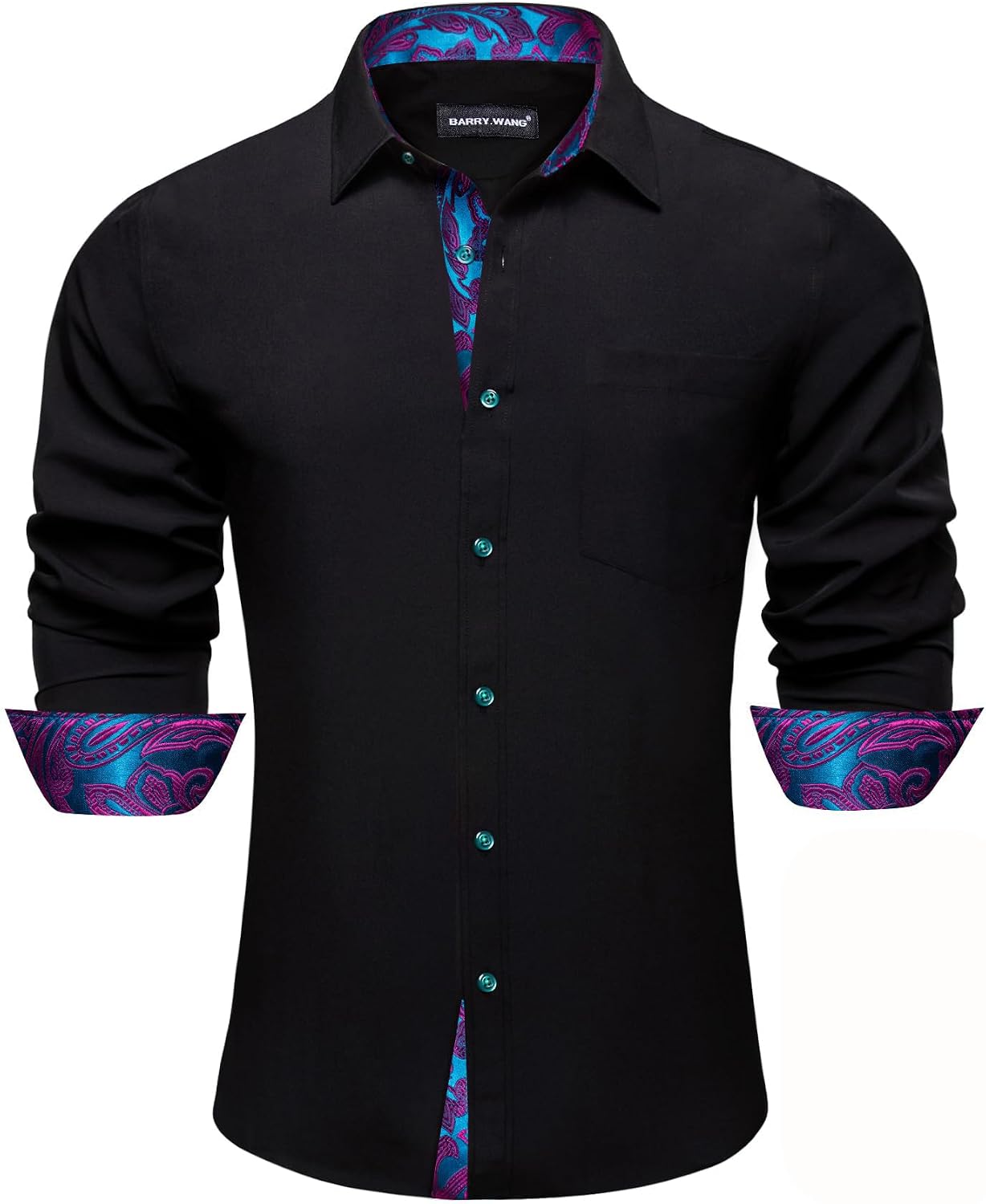 Men's Dress Shirts Checkered Paisley Collar Cuff Contrast Button Down Long Sleeve Formal Casual Shirt Western