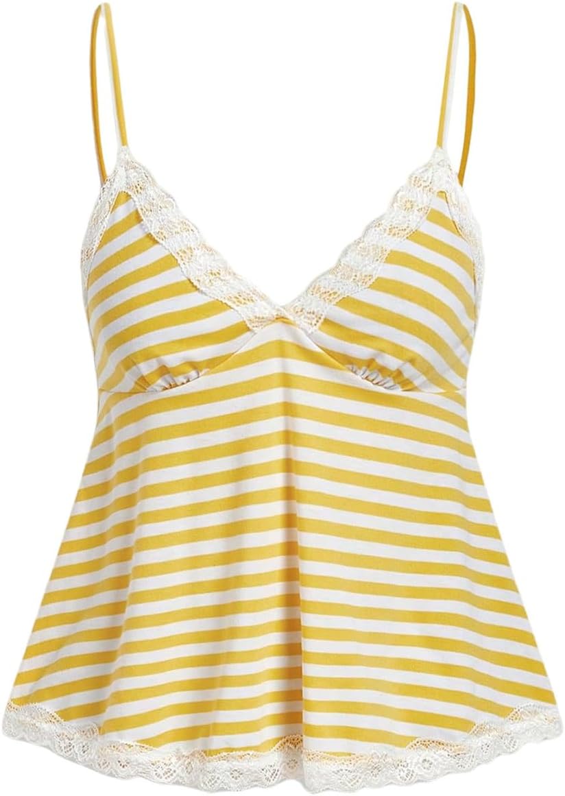 Womens Y2K Lace Cami Sleeveless Striped Spaghetti Strap Camisole Gothic Babydoll Tops