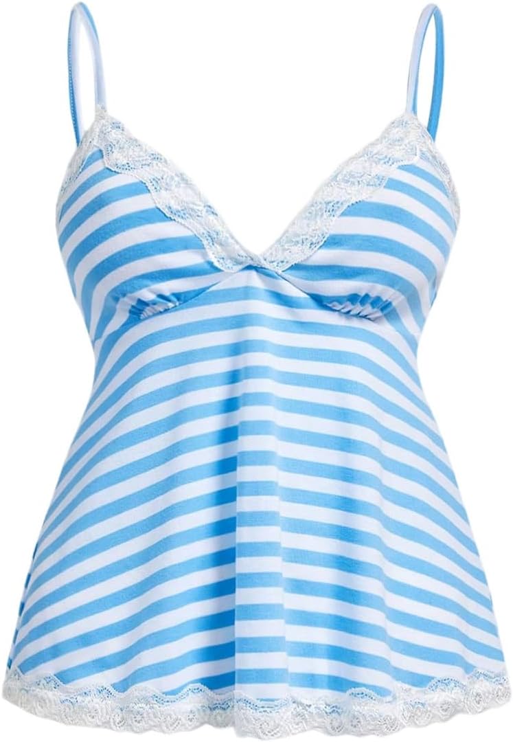 Womens Y2K Lace Cami Sleeveless Striped Spaghetti Strap Camisole Gothic Babydoll Tops