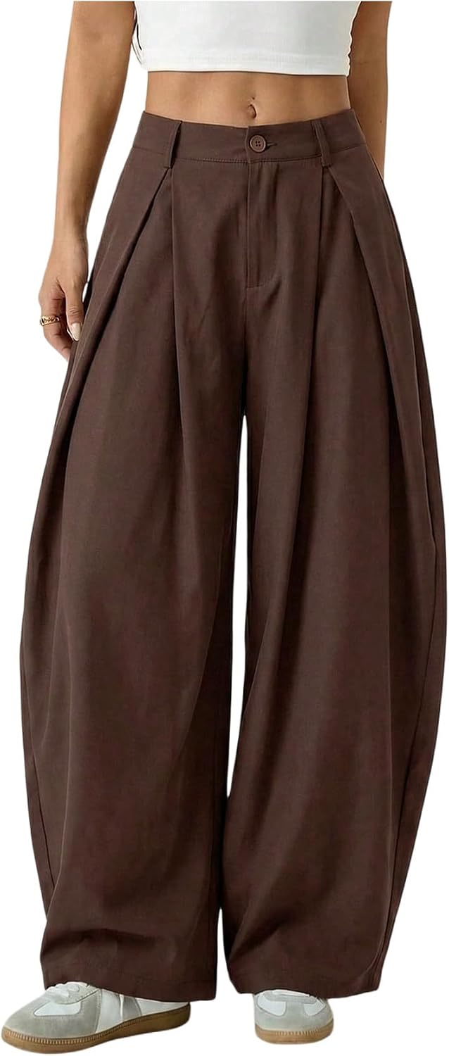 Women's Barrel Pleated Oversized Wide Leg Cargo Pants | Low Rise Baggy Fit, Business Casual Outfits, Spring Fall, Drop Waist Trousers
