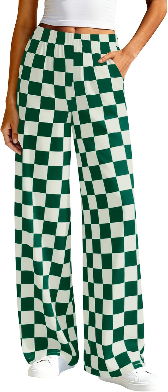 Womens Checkered Palazzo Pants Wide Leg High Waisted Pockets Gingham Casual Lounge Pajama Trousers Summer Outfits