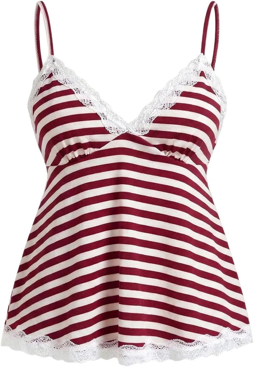 Womens Y2K Lace Cami Sleeveless Striped Spaghetti Strap Camisole Gothic Babydoll Tops