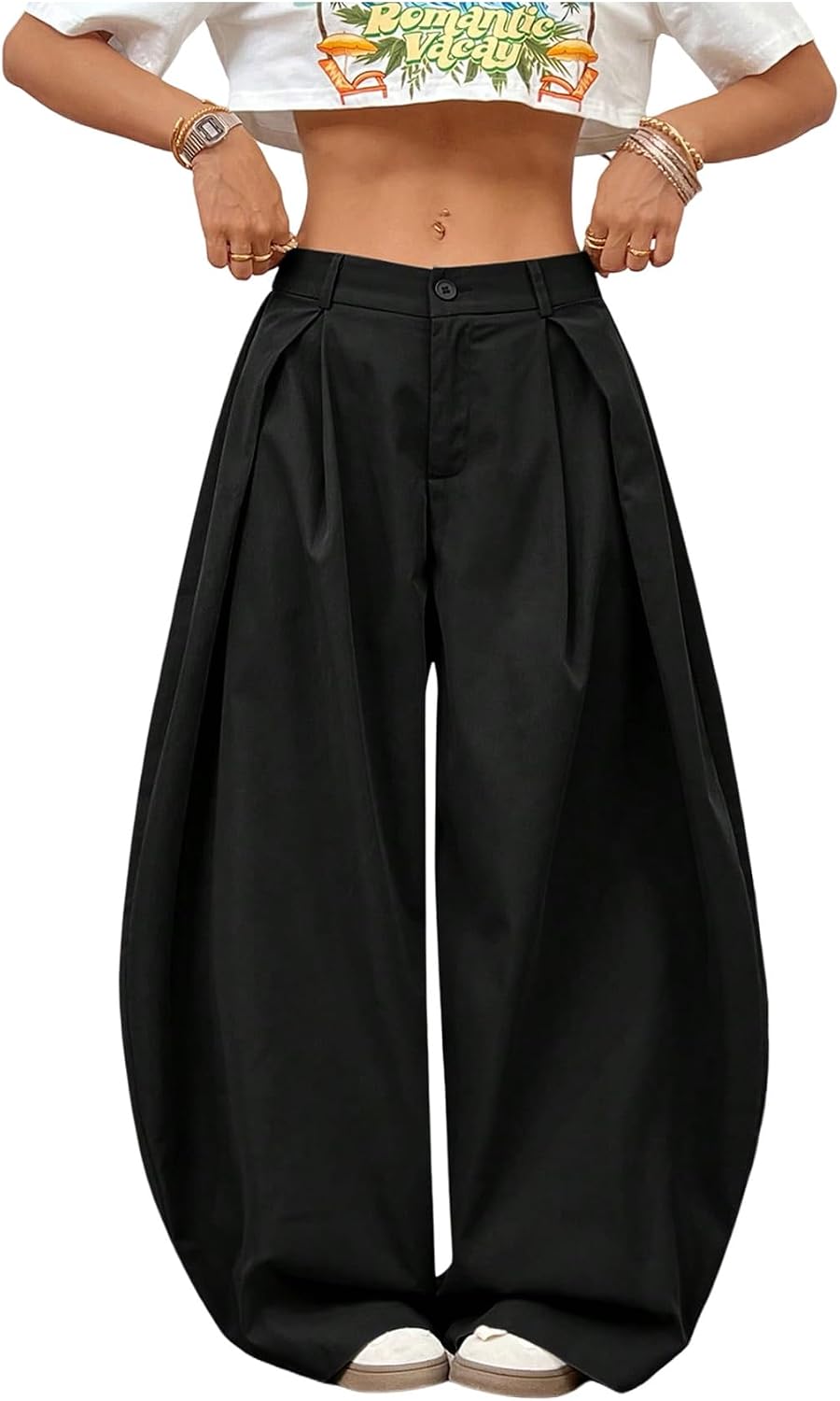 Women's Barrel Pleated Oversized Wide Leg Cargo Pants | Low Rise Baggy Fit, Business Casual Outfits, Spring Fall, Drop Waist Trousers