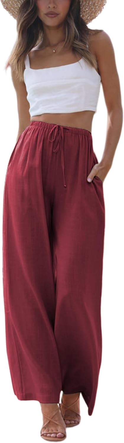 Women's Cotton Linen Summer Palazzo Pants Flowy Wide Leg Beach Trousers with Pockets
