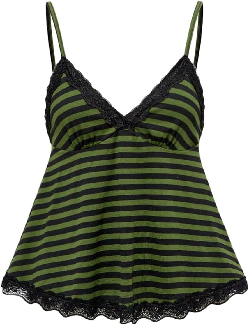 Womens Y2K Lace Cami Sleeveless Striped Spaghetti Strap Camisole Gothic Babydoll Tops