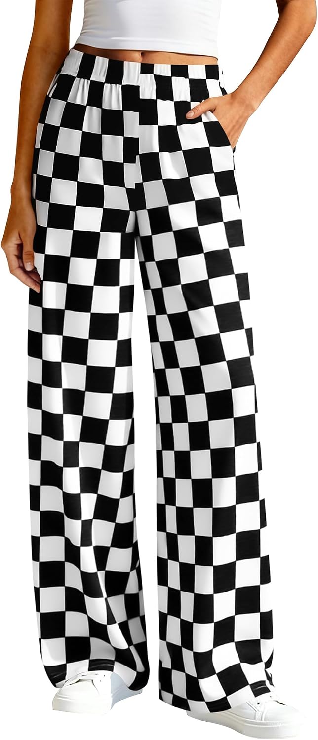 Womens Checkered Palazzo Pants Wide Leg High Waisted Pockets Gingham Casual Lounge Pajama Trousers Summer Outfits