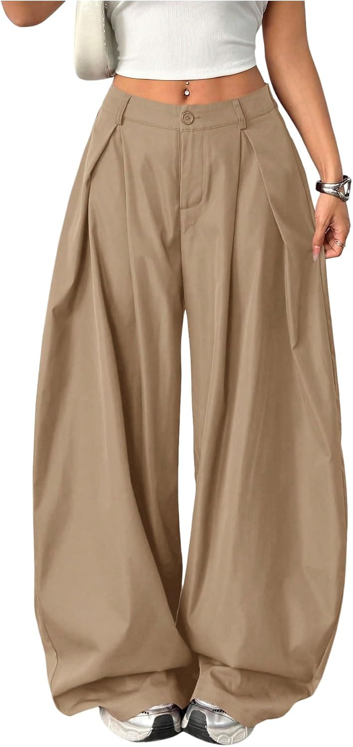 Women's Barrel Pleated Oversized Wide Leg Cargo Pants | Low Rise Baggy Fit, Business Casual Outfits, Spring Fall, Drop Waist Trousers