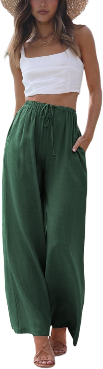 Women's Cotton Linen Summer Palazzo Pants Flowy Wide Leg Beach Trousers with Pockets