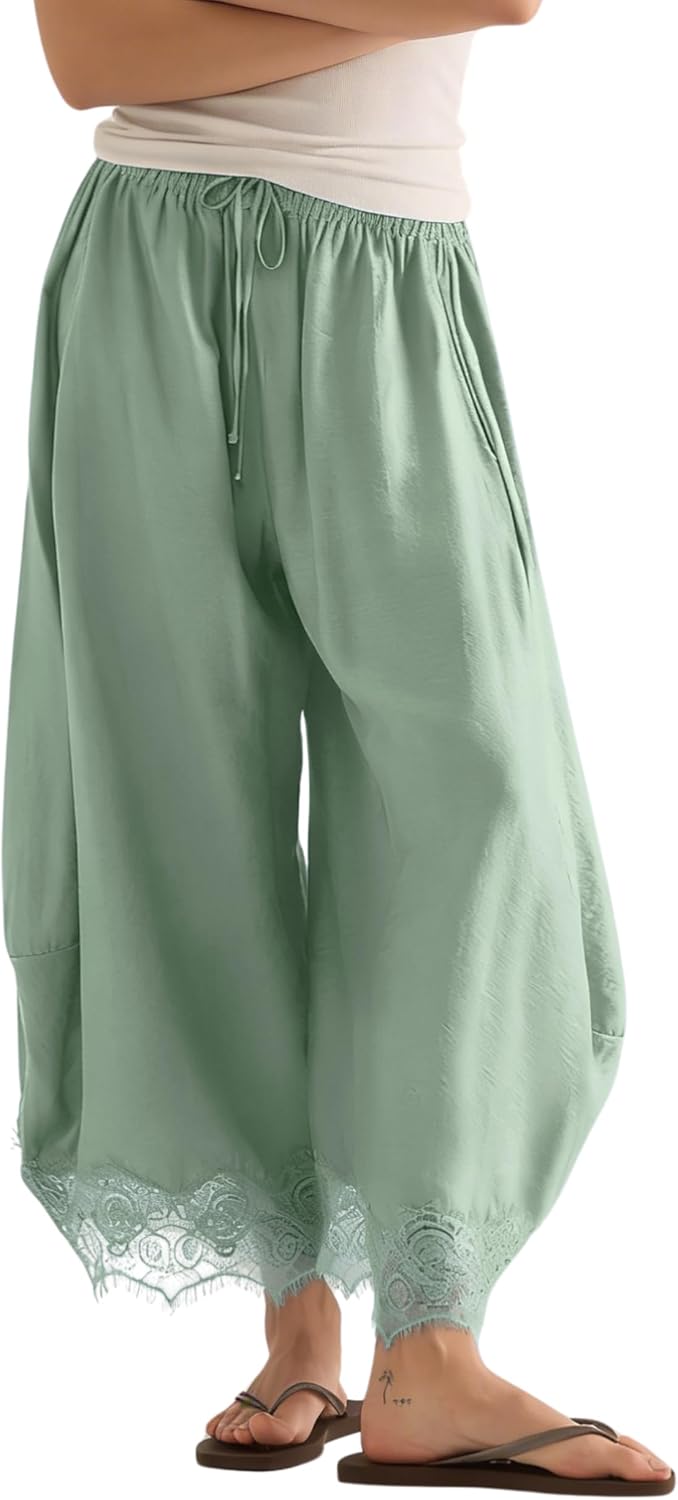 Womens Cropped Lace Hem Pants Casual Drawstring Waist Summer Wide Leg Pants Beach Trousers with Pockets