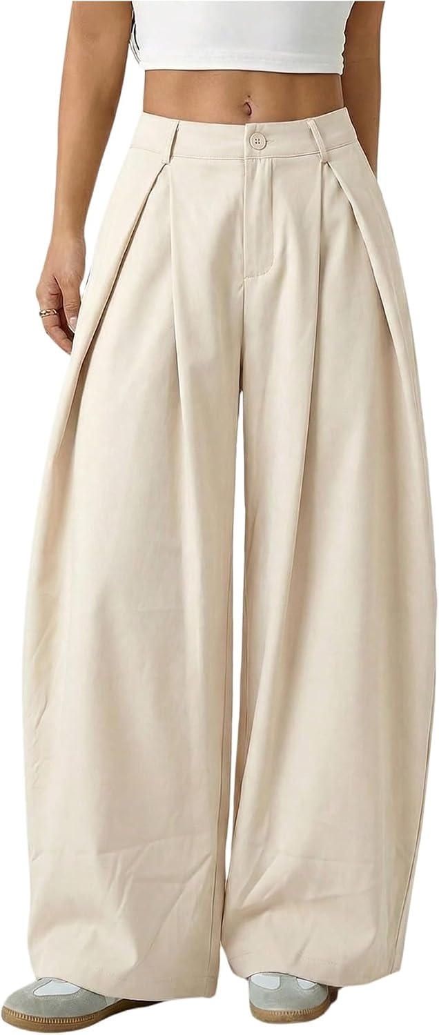 Women's Barrel Pleated Oversized Wide Leg Cargo Pants | Low Rise Baggy Fit, Business Casual Outfits, Spring Fall, Drop Waist Trousers
