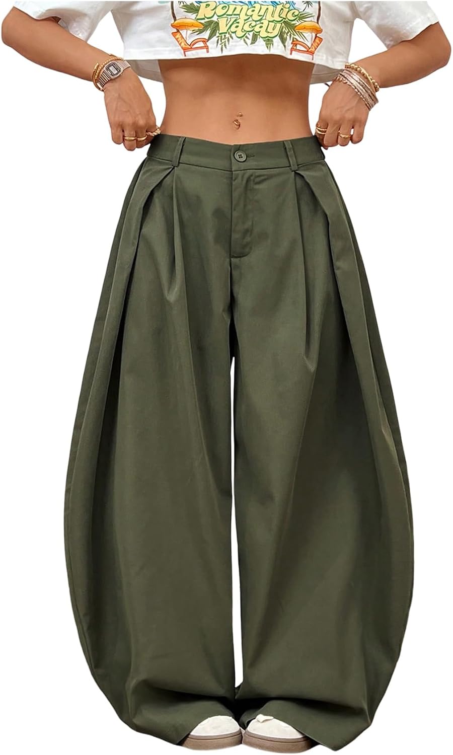 Women's Barrel Pleated Oversized Wide Leg Cargo Pants | Low Rise Baggy Fit, Business Casual Outfits, Spring Fall, Drop Waist Trousers
