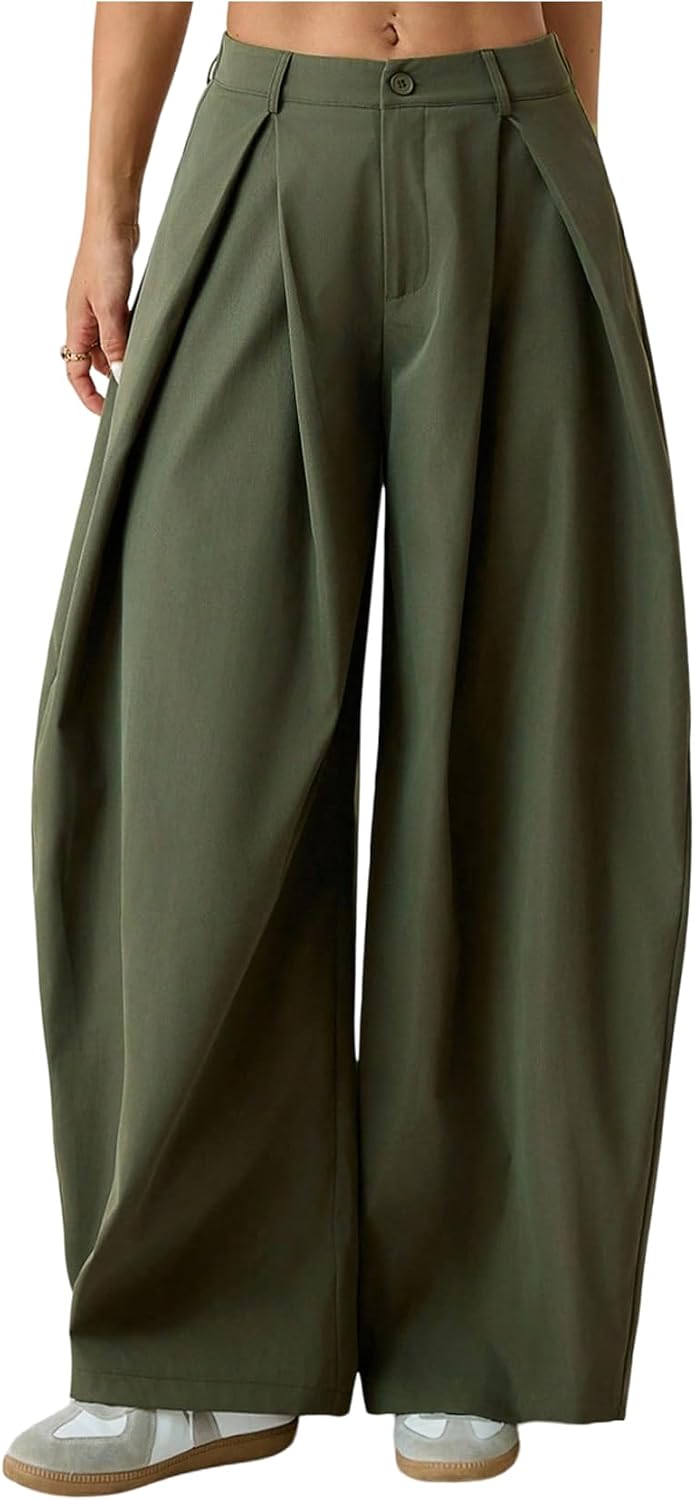 Women's Barrel Pleated Oversized Wide Leg Cargo Pants | Low Rise Baggy Fit, Business Casual Outfits, Spring Fall, Drop Waist Trousers