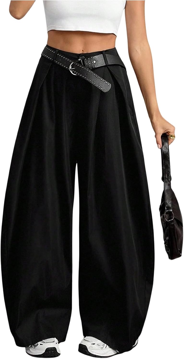 Women's Barrel Pleated Oversized Wide Leg Cargo Pants | Low Rise Baggy Fit, Business Casual Outfits, Spring Fall, Drop Waist Trousers
