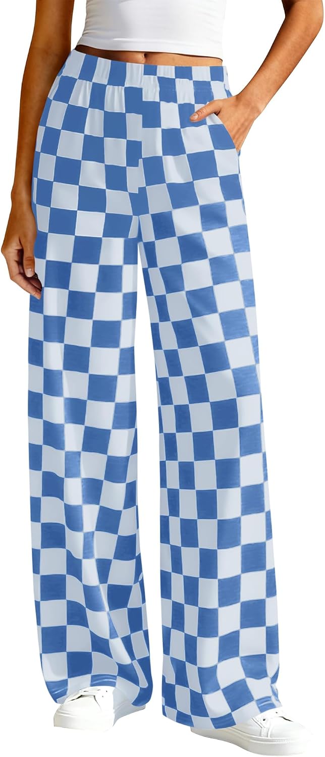 Womens Checkered Palazzo Pants Wide Leg High Waisted Pockets Gingham Casual Lounge Pajama Trousers Summer Outfits