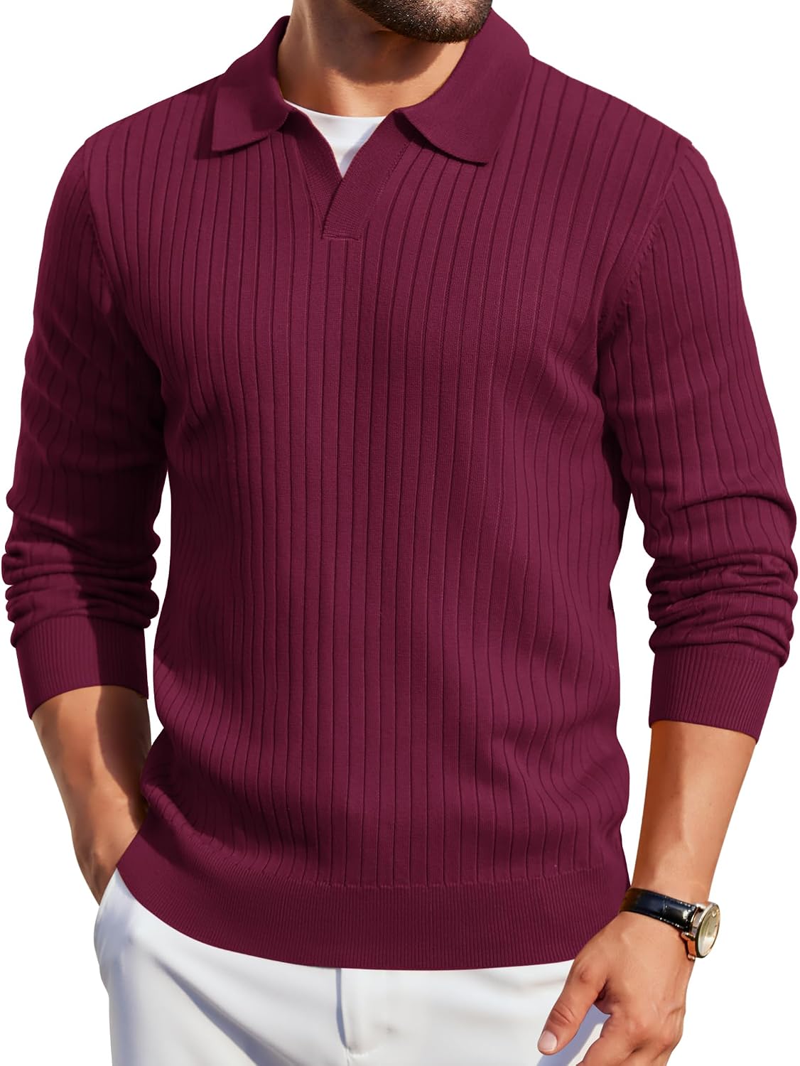 Mens Knit Polos Long Sleeve Casual Sweater Polos V Neck Collared Sweater Golf Polo Sweaters and Pullovers