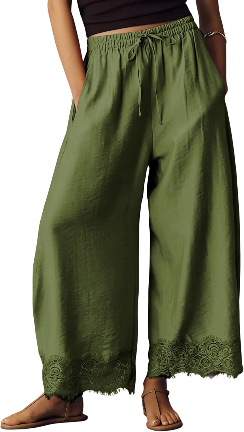 Womens Cropped Lace Hem Pants Casual Drawstring Waist Summer Wide Leg Pants Beach Trousers with Pockets