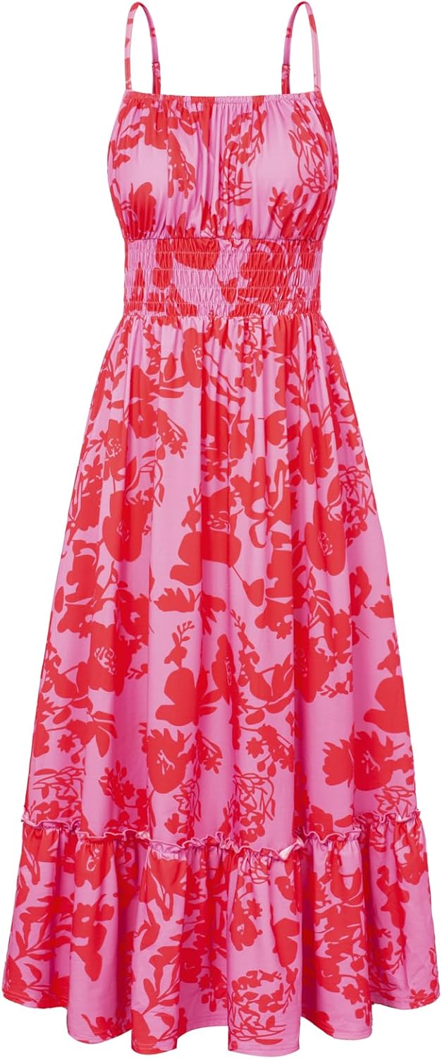 Summer Dresses for Women 2026 Vacation,Smocked Floral Maxi Dress,Boho Beach Sundress with Pocket Fashion Clothing