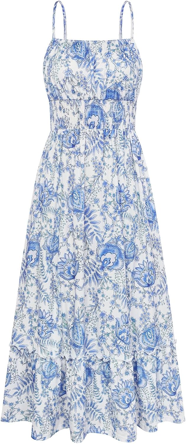Summer Dresses for Women 2026 Vacation,Smocked Floral Maxi Dress,Boho Beach Sundress with Pocket Fashion Clothing