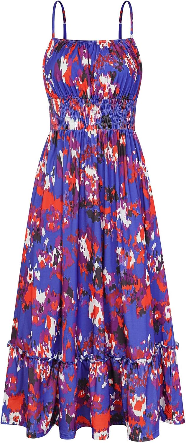 Summer Dresses for Women 2026 Vacation,Smocked Floral Maxi Dress,Boho Beach Sundress with Pocket Fashion Clothing