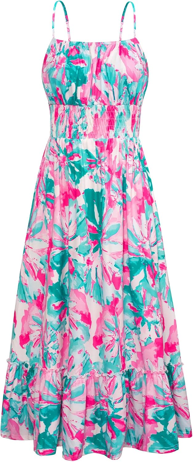 Summer Dresses for Women 2026 Vacation,Smocked Floral Maxi Dress,Boho Beach Sundress with Pocket Fashion Clothing