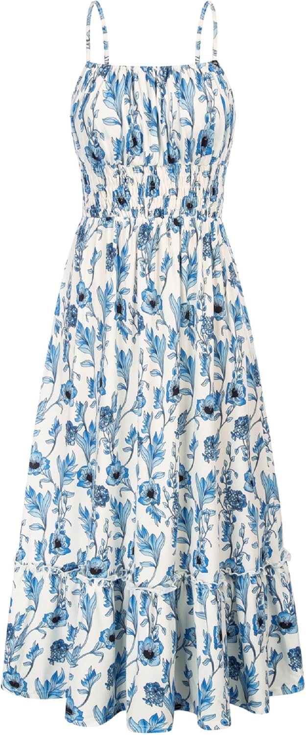Summer Dresses for Women 2026 Vacation,Smocked Floral Maxi Dress,Boho Beach Sundress with Pocket Fashion Clothing