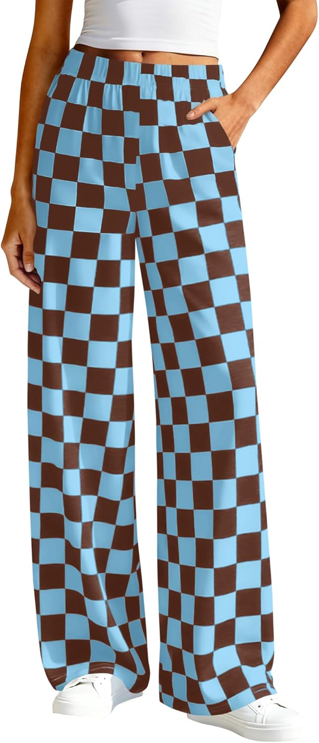 Womens Checkered Palazzo Pants Wide Leg High Waisted Pockets Gingham Casual Lounge Pajama Trousers Summer Outfits