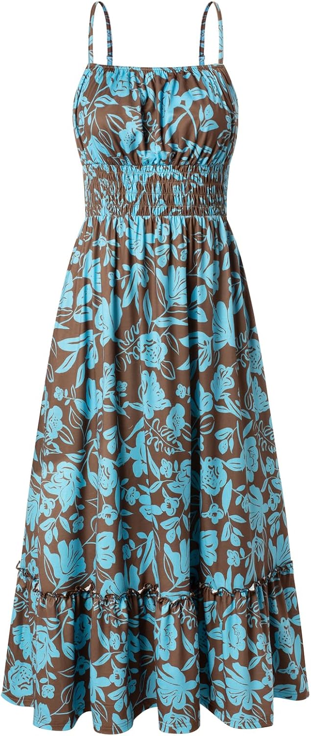 Summer Dresses for Women 2026 Vacation,Smocked Floral Maxi Dress,Boho Beach Sundress with Pocket Fashion Clothing