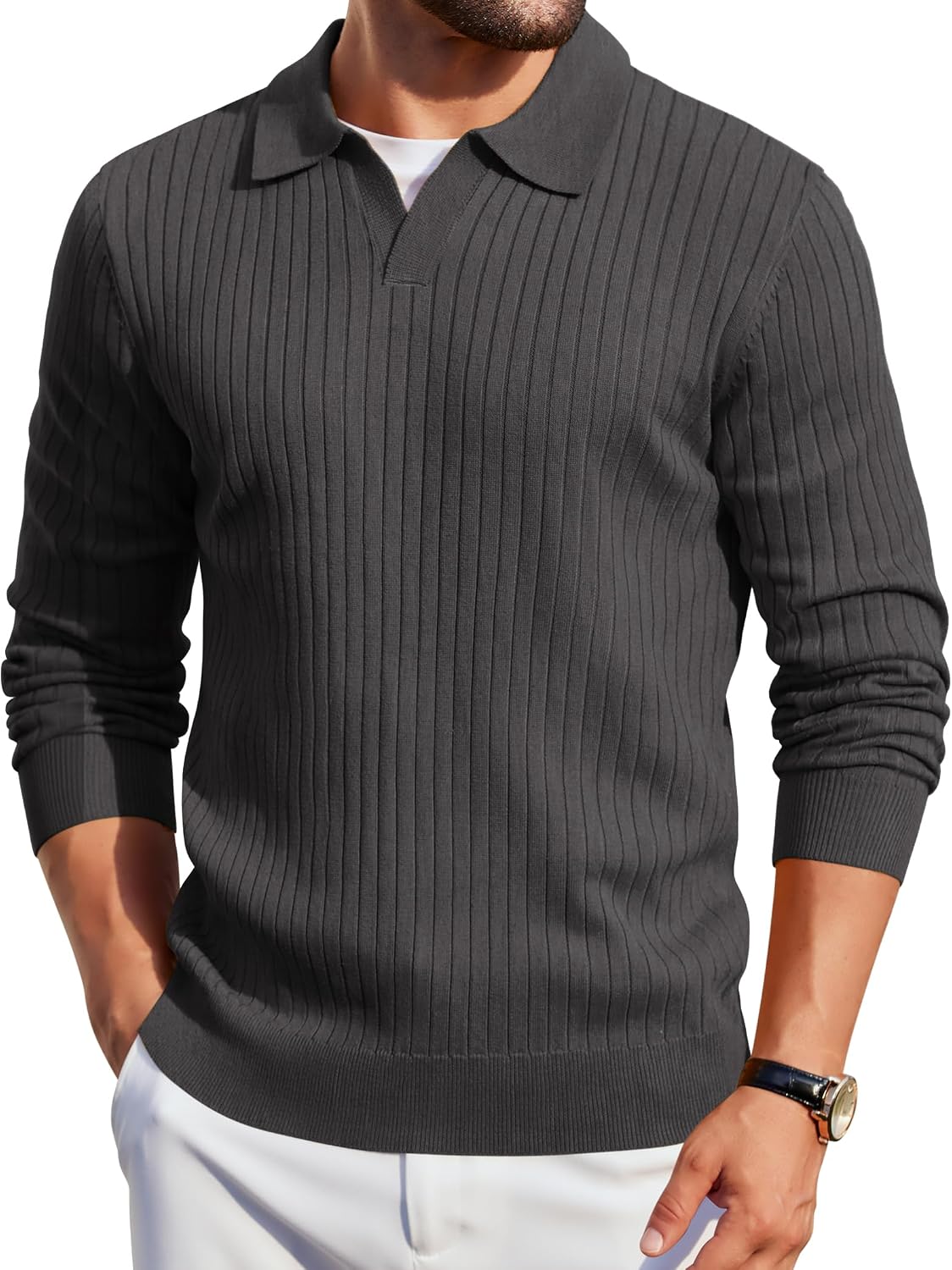 Mens Knit Polos Long Sleeve Casual Sweater Polos V Neck Collared Sweater Golf Polo Sweaters and Pullovers