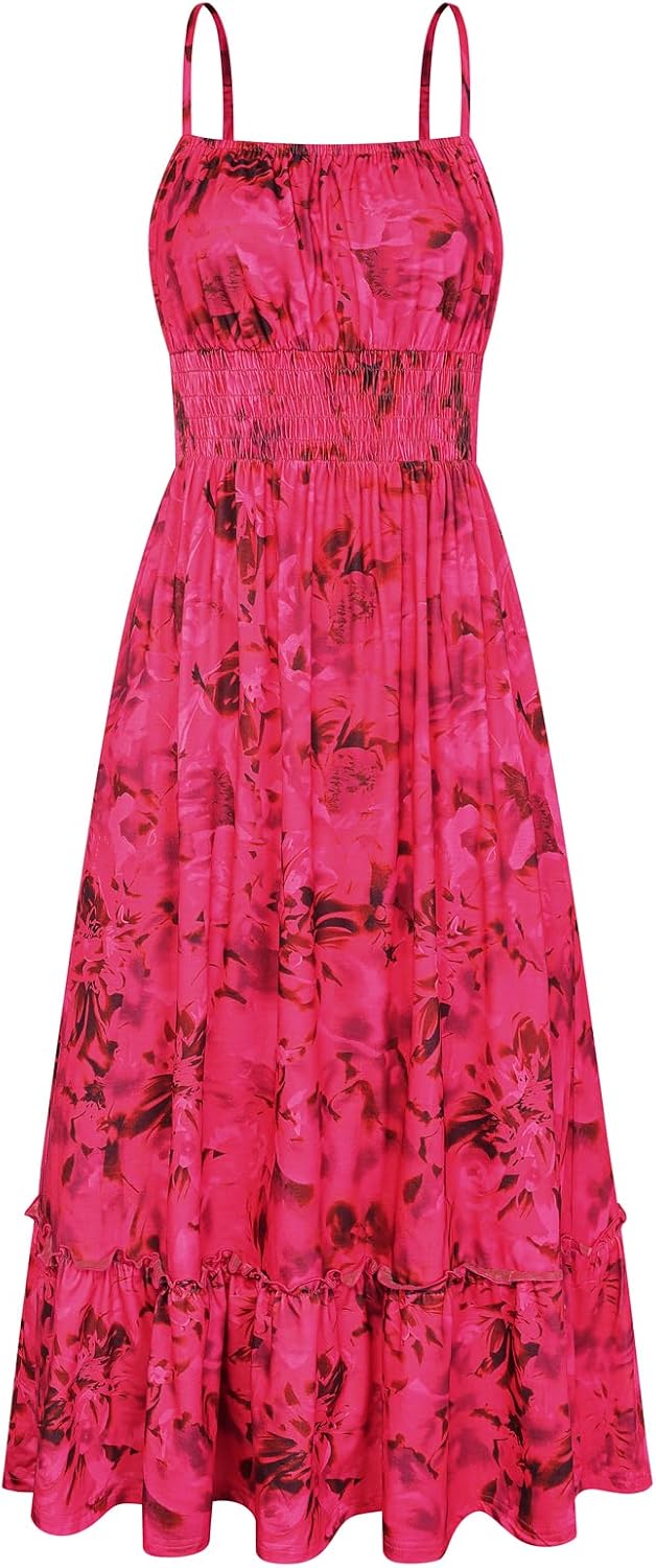 Summer Dresses for Women 2026 Vacation,Smocked Floral Maxi Dress,Boho Beach Sundress with Pocket Fashion Clothing