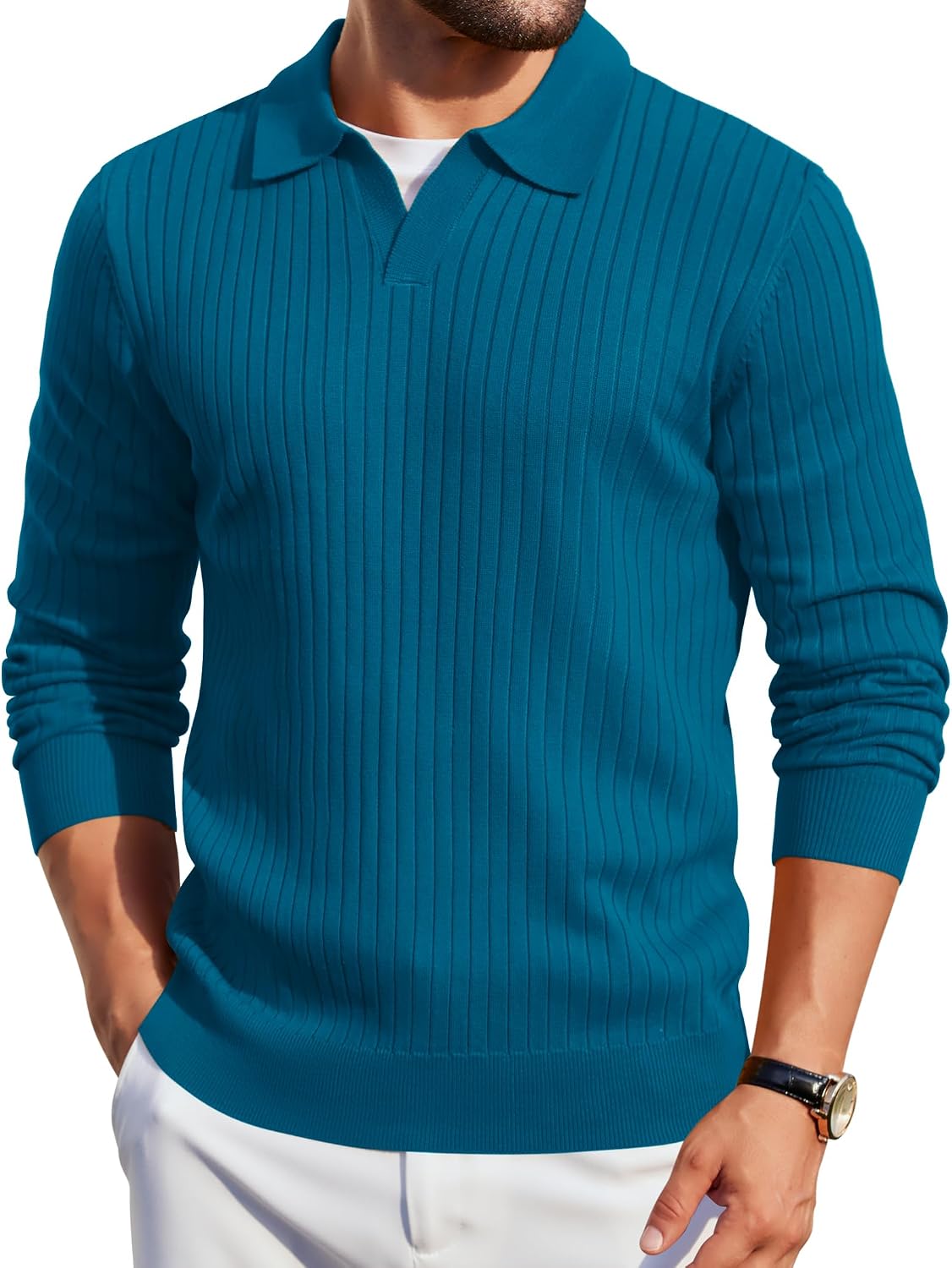 Mens Knit Polos Long Sleeve Casual Sweater Polos V Neck Collared Sweater Golf Polo Sweaters and Pullovers