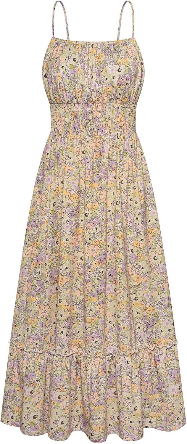Summer Dresses for Women 2026 Vacation,Smocked Floral Maxi Dress,Boho Beach Sundress with Pocket Fashion Clothing