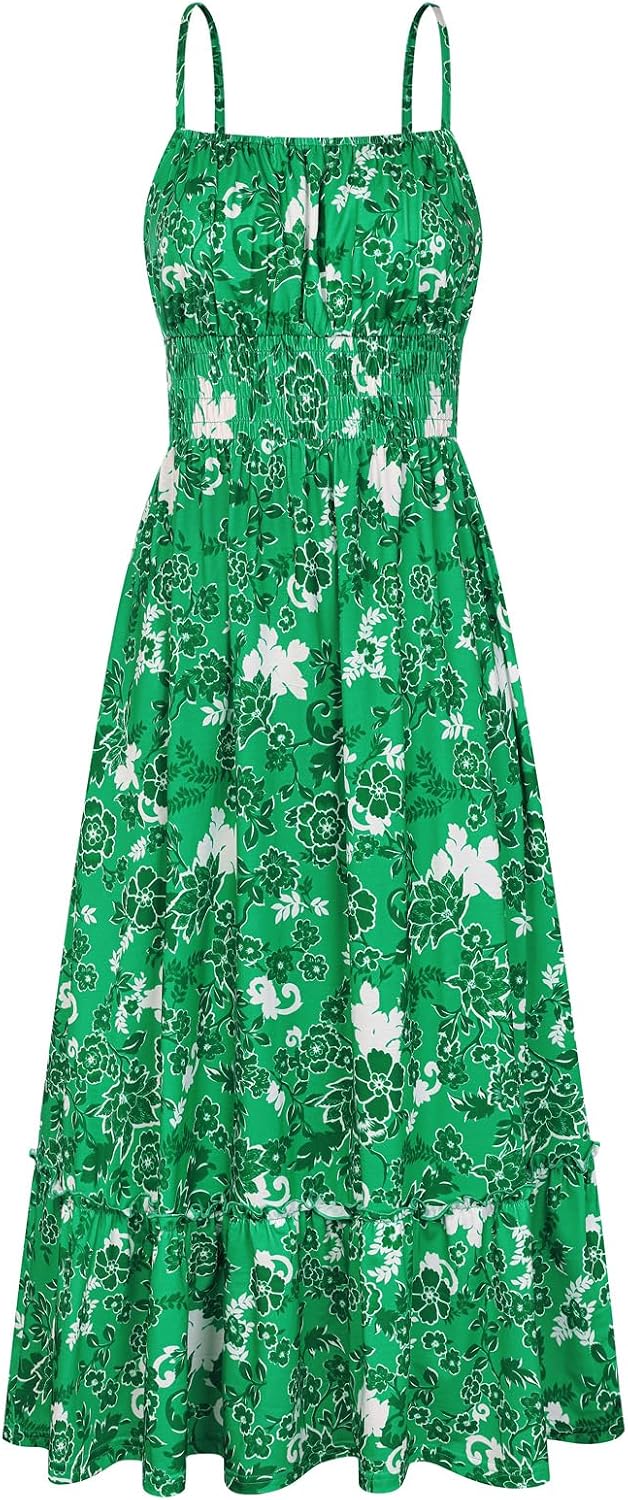 Summer Dresses for Women 2026 Vacation,Smocked Floral Maxi Dress,Boho Beach Sundress with Pocket Fashion Clothing