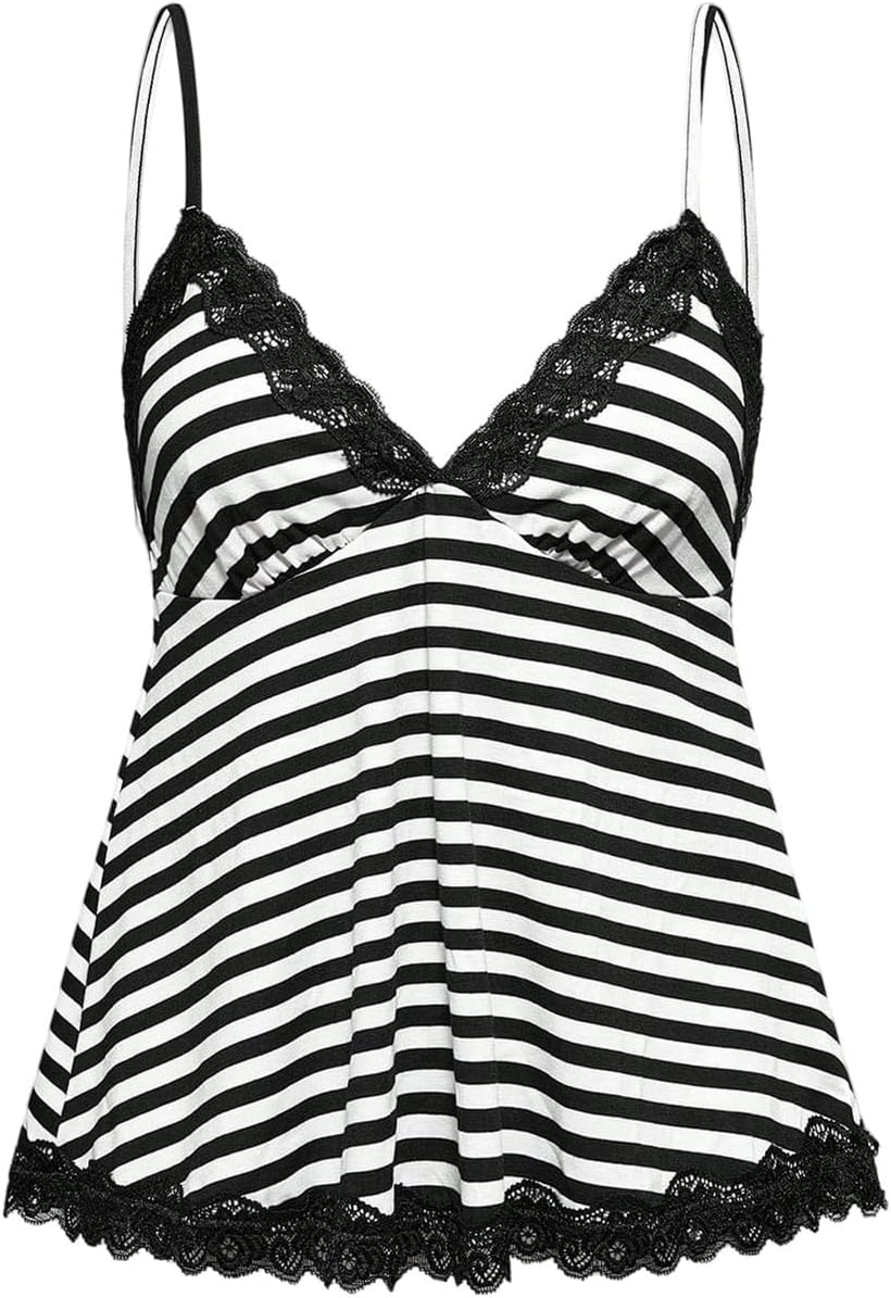Womens Y2K Lace Cami Sleeveless Striped Spaghetti Strap Camisole Gothic Babydoll Tops