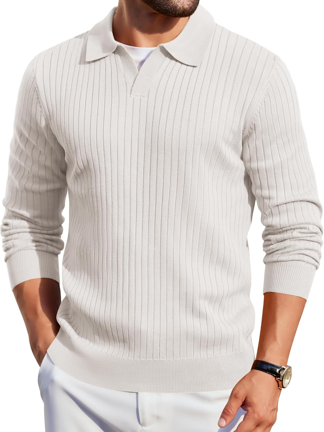 Mens Knit Polos Long Sleeve Casual Sweater Polos V Neck Collared Sweater Golf Polo Sweaters and Pullovers
