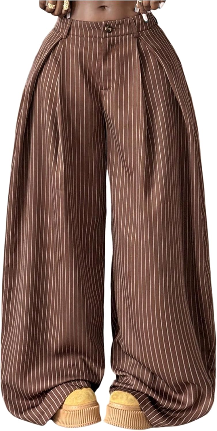 Women's Barrel Pleated Oversized Wide Leg Cargo Pants | Low Rise Baggy Fit, Business Casual Outfits, Spring Fall, Drop Waist Trousers