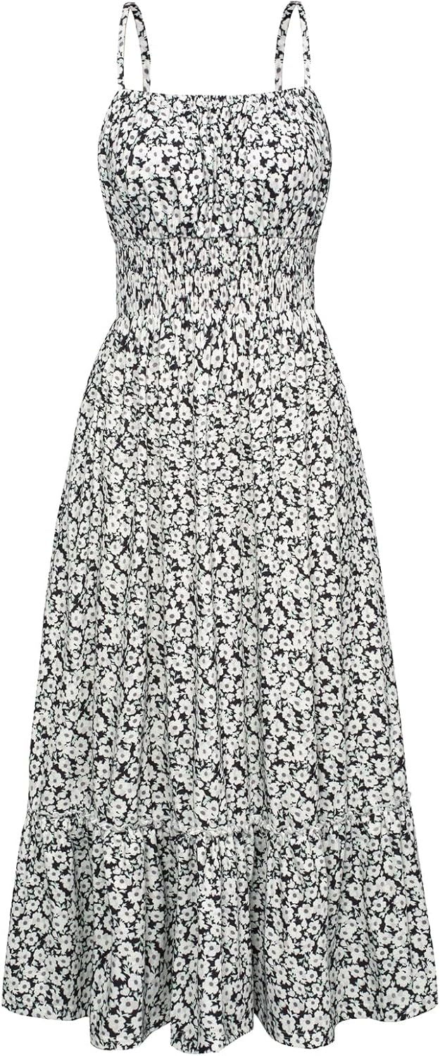 Summer Dresses for Women 2026 Vacation,Smocked Floral Maxi Dress,Boho Beach Sundress with Pocket Fashion Clothing