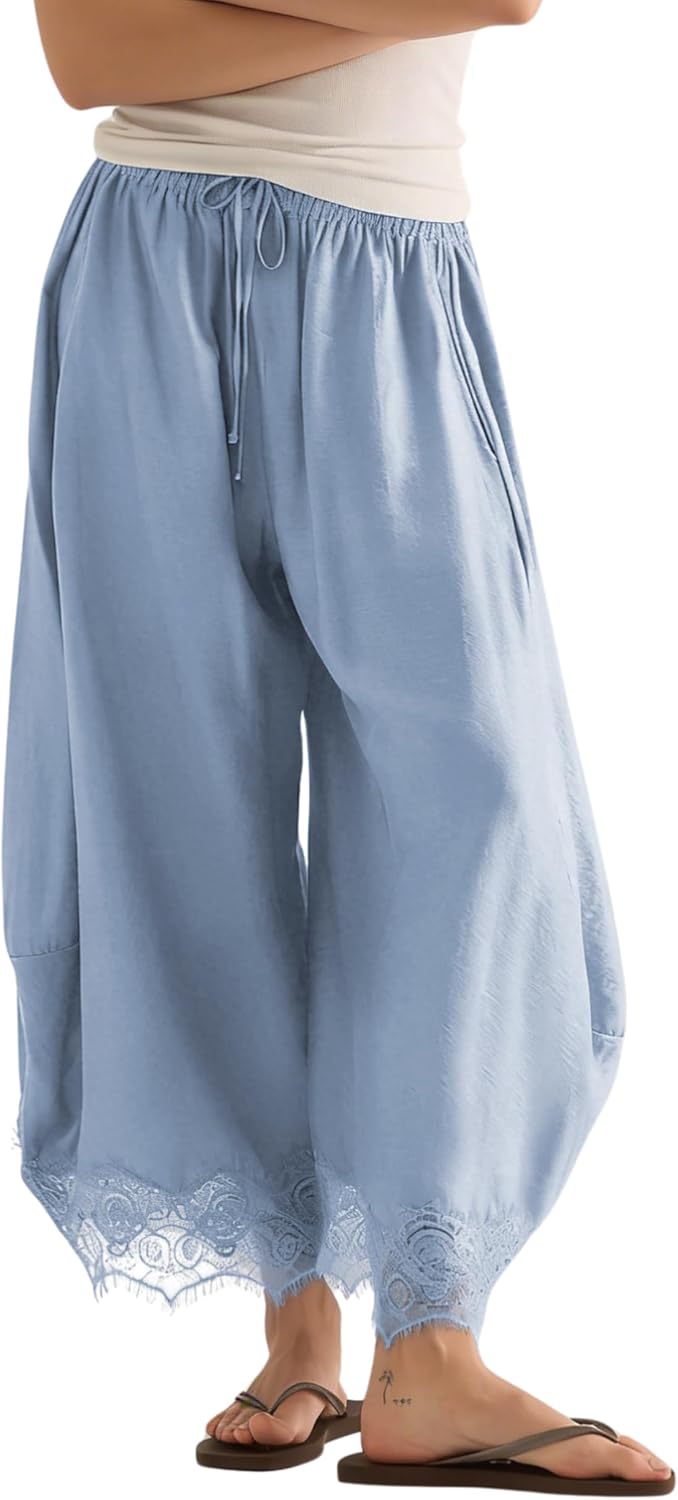 Womens Cropped Lace Hem Pants Casual Drawstring Waist Summer Wide Leg Pants Beach Trousers with Pockets
