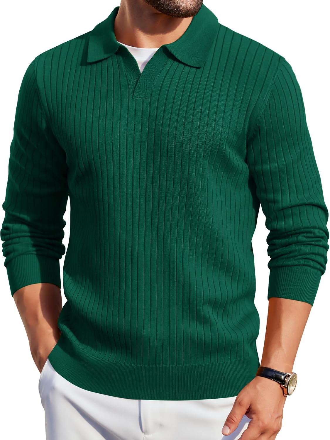 Mens Knit Polos Long Sleeve Casual Sweater Polos V Neck Collared Sweater Golf Polo Sweaters and Pullovers