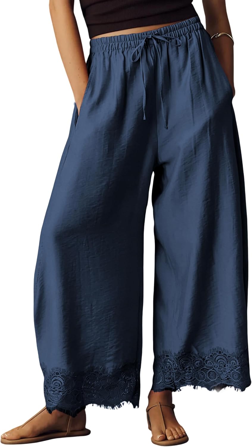 Womens Cropped Lace Hem Pants Casual Drawstring Waist Summer Wide Leg Pants Beach Trousers with Pockets