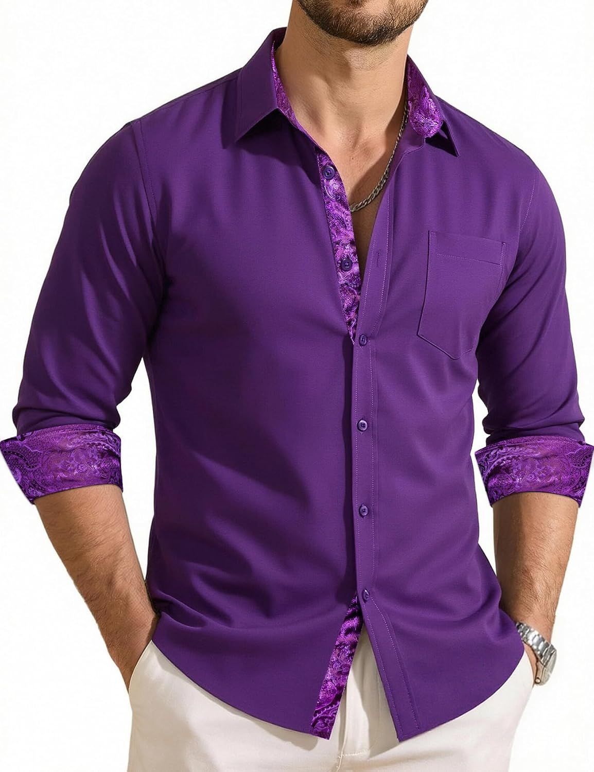 Men's Dress Shirts Checkered Paisley Collar Cuff Contrast Button Down Long Sleeve Formal Casual Shirt Western