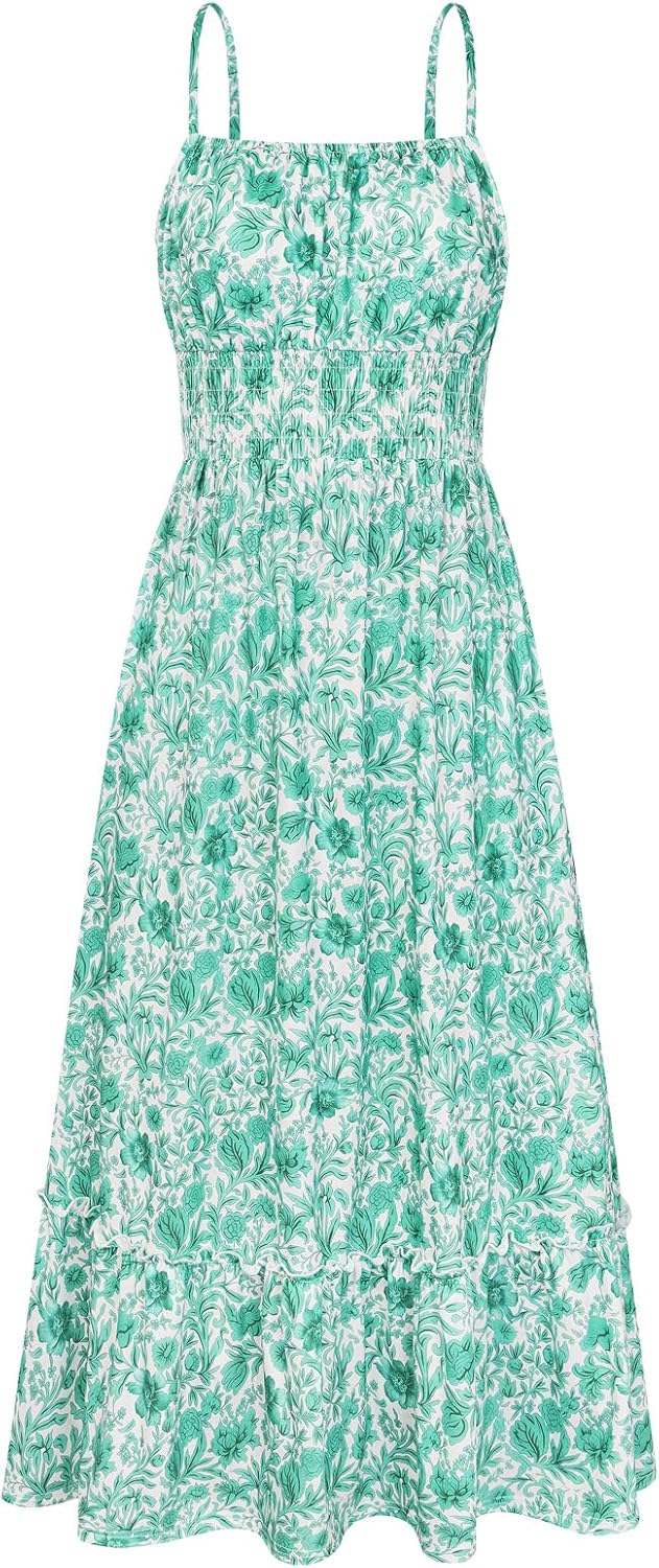 Summer Dresses for Women 2026 Vacation,Smocked Floral Maxi Dress,Boho Beach Sundress with Pocket Fashion Clothing