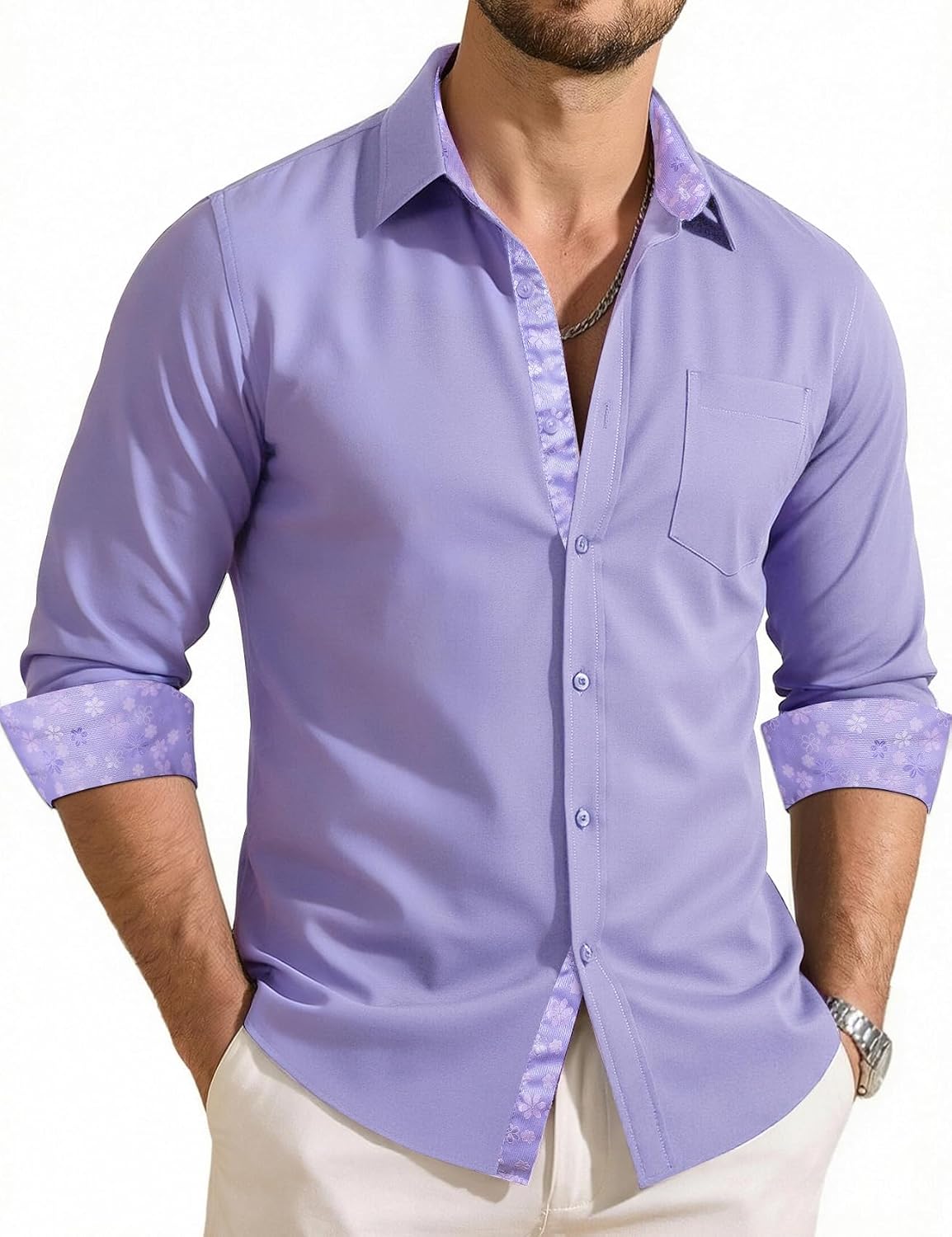 Men's Dress Shirts Checkered Paisley Collar Cuff Contrast Button Down Long Sleeve Formal Casual Shirt Western