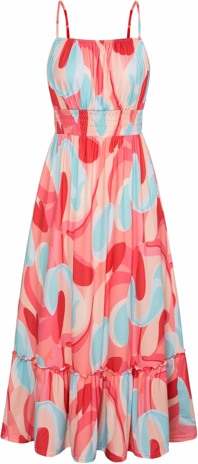 Summer Dresses for Women 2026 Vacation,Smocked Floral Maxi Dress,Boho Beach Sundress with Pocket Fashion Clothing