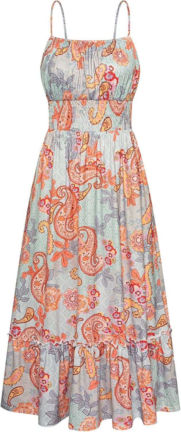 Summer Dresses for Women 2026 Vacation,Smocked Floral Maxi Dress,Boho Beach Sundress with Pocket Fashion Clothing