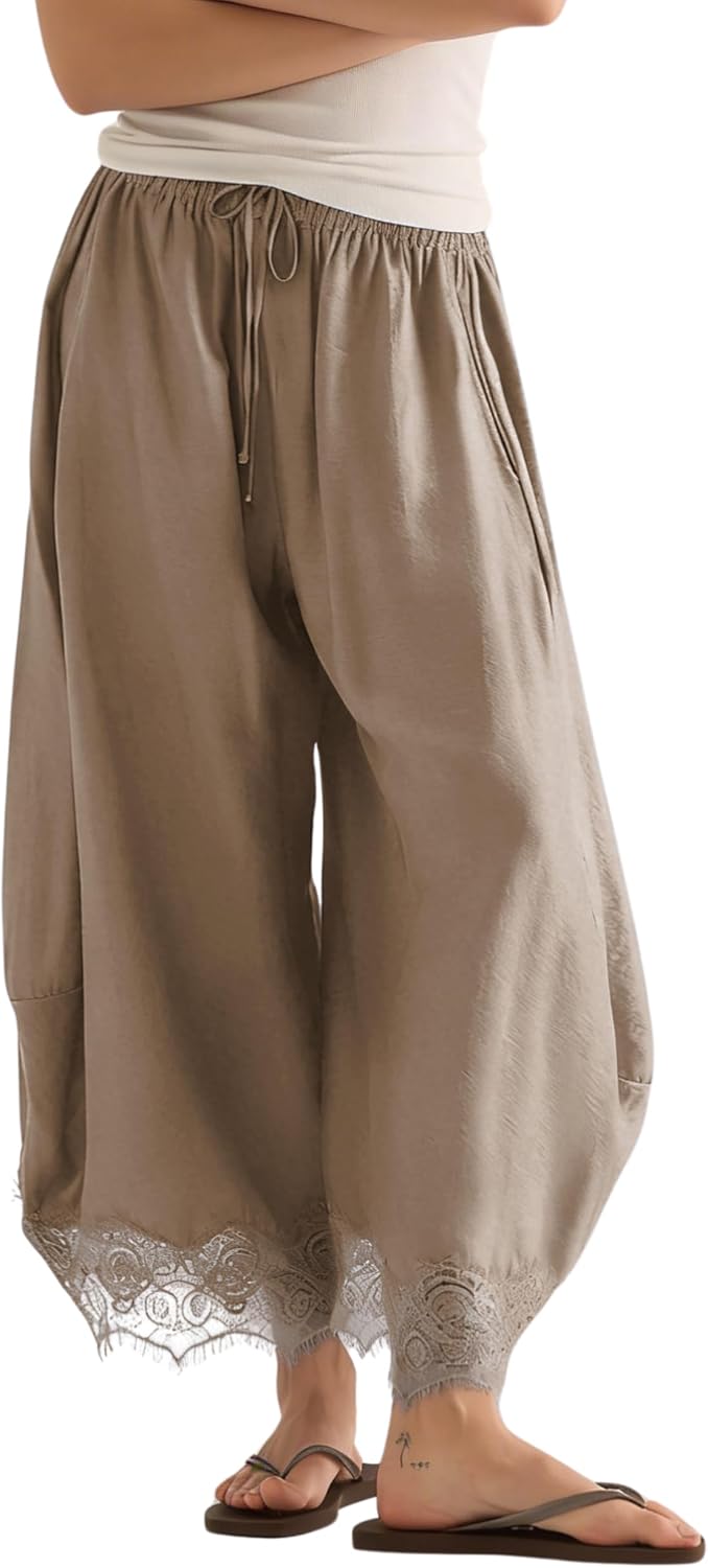 Womens Cropped Lace Hem Pants Casual Drawstring Waist Summer Wide Leg Pants Beach Trousers with Pockets