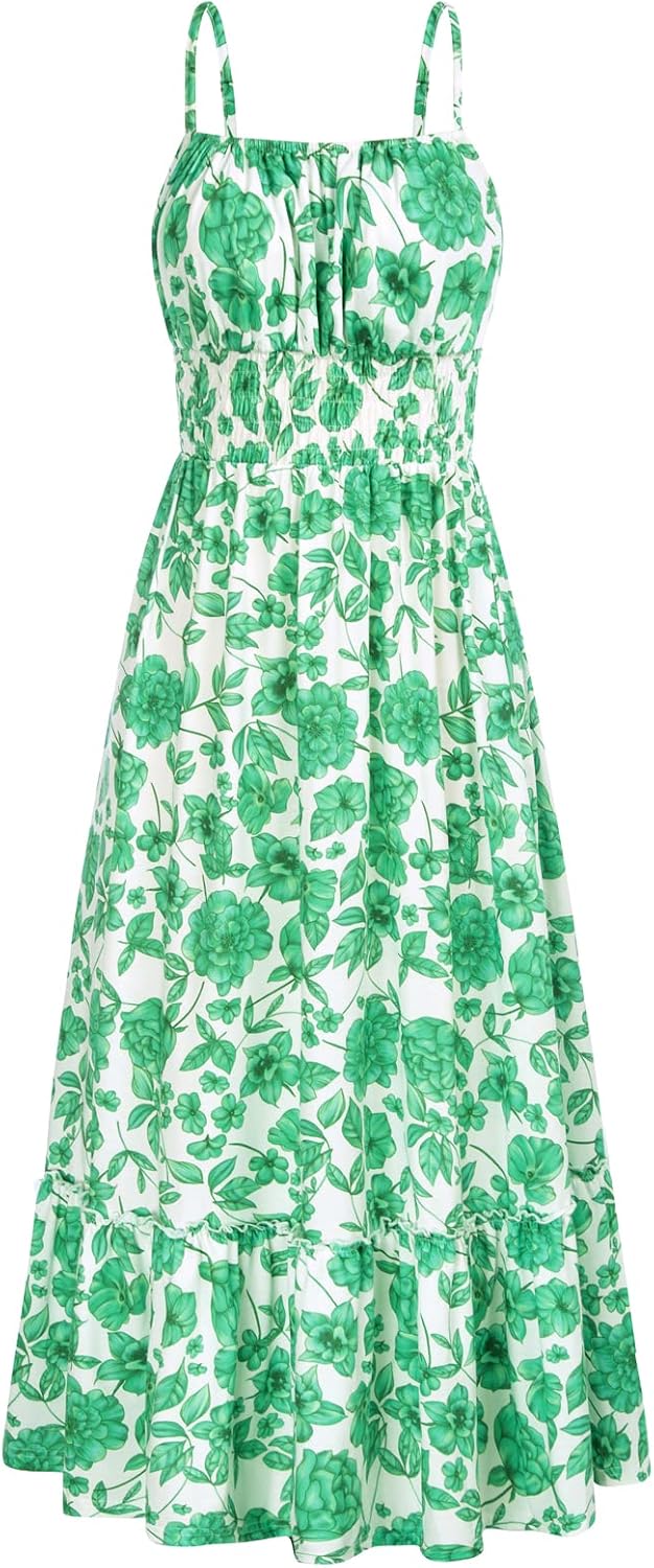 Summer Dresses for Women 2026 Vacation,Smocked Floral Maxi Dress,Boho Beach Sundress with Pocket Fashion Clothing
