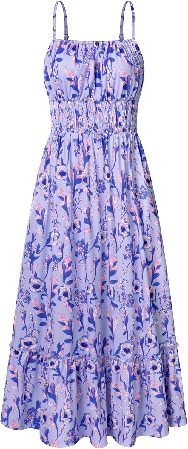Summer Dresses for Women 2026 Vacation,Smocked Floral Maxi Dress,Boho Beach Sundress with Pocket Fashion Clothing