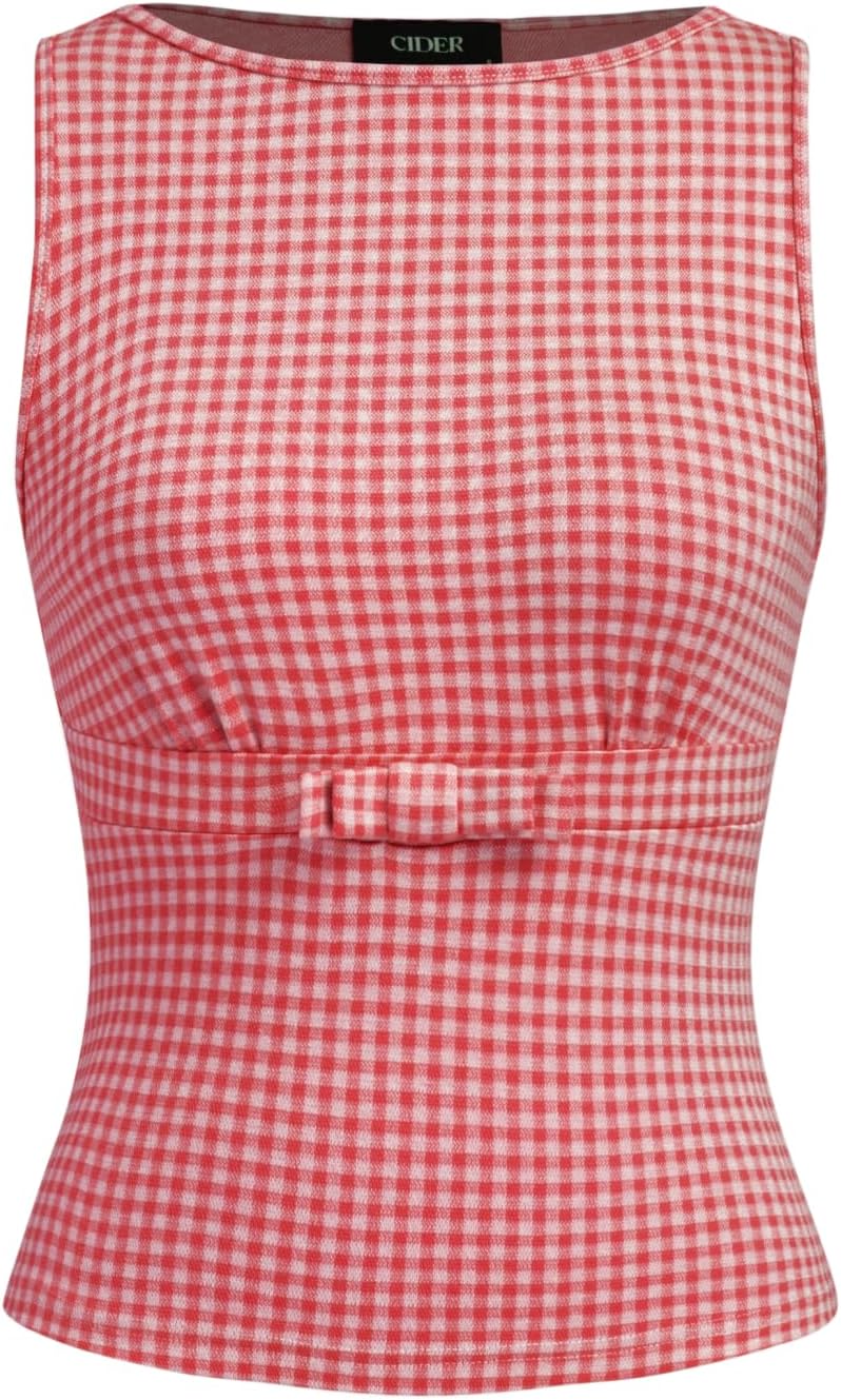 Gingham Tops for Women Plaid Going Out Tops Sleeveless Cute Tank Bow Summer Shirt